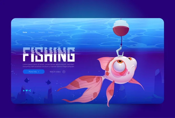 Pesca desenho animado landing page, peixe olhando no gancho — Vetor de Stock