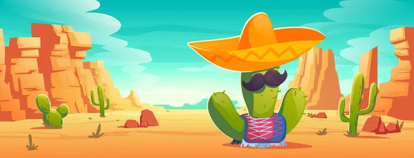 Cactus mexicano con bigotes en sombrero, poncho — Vector de stock