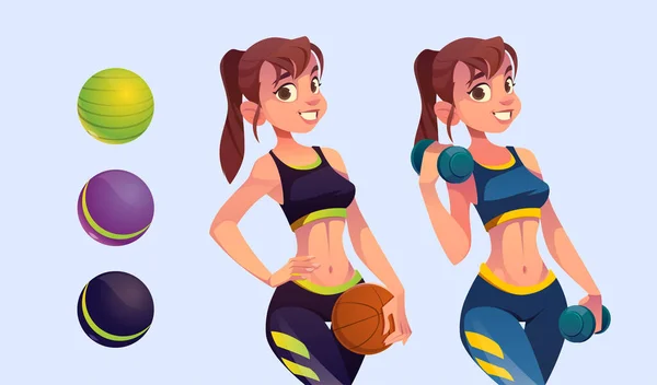Beautiful girl holding dumbbells and sport ball — Stock Vector