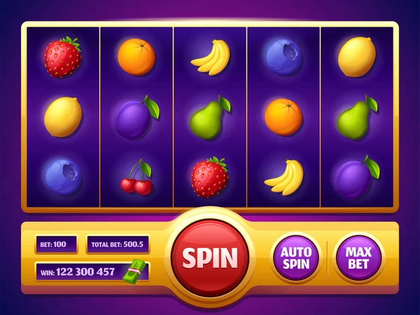 Spielautomaten-Bildschirm mit Früchten Online-Casino — Stockvektor