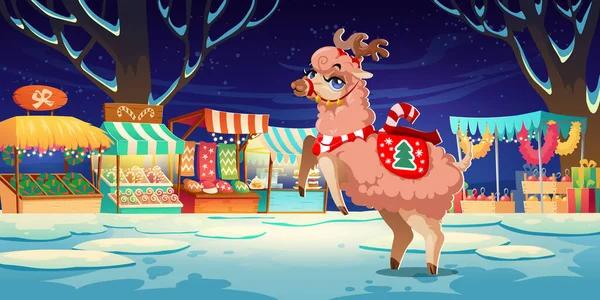 Симпатичний персонаж лами на Різдвяному ярмарку вночі — стоковий вектор