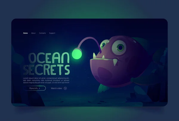 Ocean Secrets Banner mit Anglerfischen auf dem Grund — Stockvektor