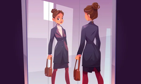 Mujer de negocios se mira en el espejo grande — Vector de stock