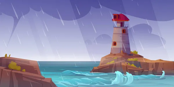 Faro sull'isola rocciosa in mare in tempesta — Vettoriale Stock
