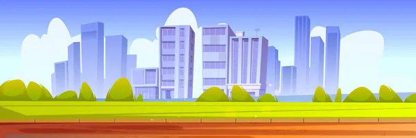 Cityscape com gramado verde, arbustos e edifícios — Vetor de Stock