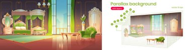 Parallaks arka plan, lüks yatak odası iç mekanı.