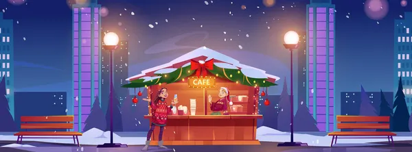 Caffè di strada con decorazione natalizia e ragazze — Vettoriale Stock