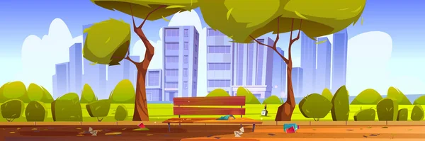 Špinavý městský park s odpadky, zelenými stromy a lavičkou — Stockový vektor