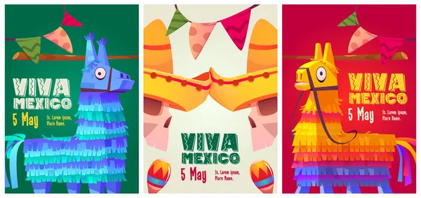 Volantes de dibujos animados de Viva México con piñatas mexicanas — Vector de stock