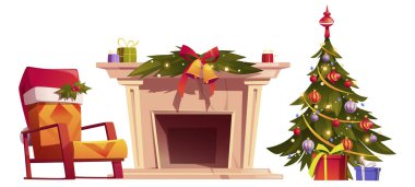 Noel ağacı ve hediye kutularıyla dolu bir ev.