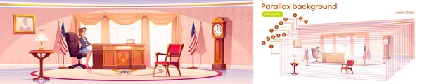 Parallaxe fond avec le président dans le bureau ovale — Image vectorielle