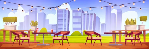 Café terrass med bord, stolar och grön gräsmatta — Stock vektor