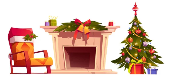 Interno casa con albero di Natale e scatole regalo — Vettoriale Stock