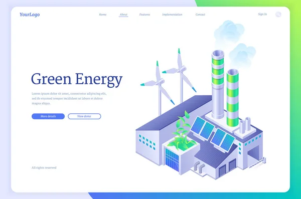 Green energy industry isometric landing page. — Stock Vector