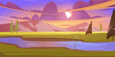 Gün batımında dağlar, çayırlar ve dereler