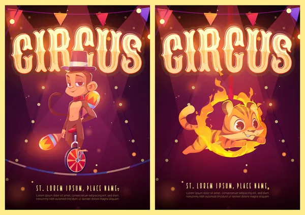 Τσίρκο δείχνουν αφίσες κινουμένων σχεδίων με ζώα καλλιτέχνες — Διανυσματικό Αρχείο