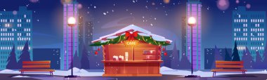 Kış gecesi Noel dekoru olan sokak kafesi.