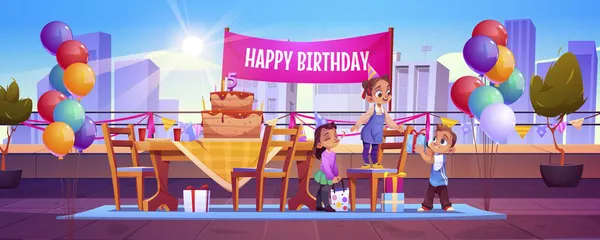 Lány ünnepli születésnapját barátaival a ház tetején — Stock Vector