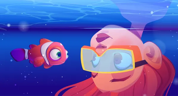 Girl scuba diver watch at clown fish in sea — Stock Vector