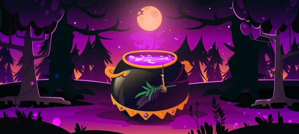 Forest with witch cauldron at night