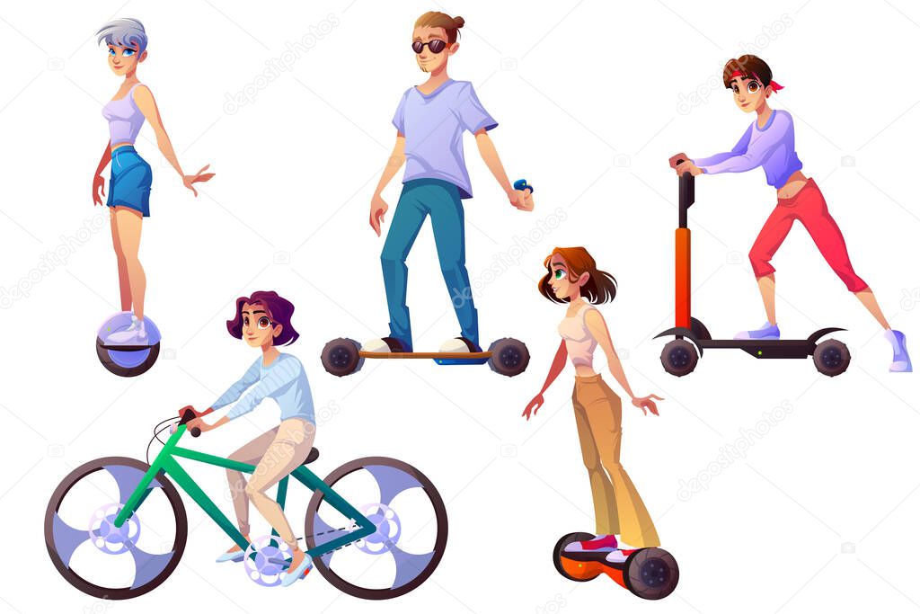 Set of people riding ecology transport, dwellers
