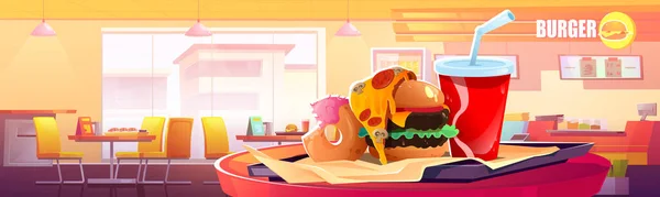 Fast food restaurace interiér s hamburgerem na tácu — Stockový vektor