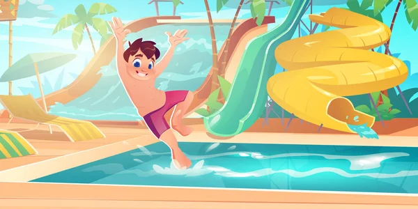 Niño saltar en la piscina en el parque acuático con toboganes de agua — Vector de stock