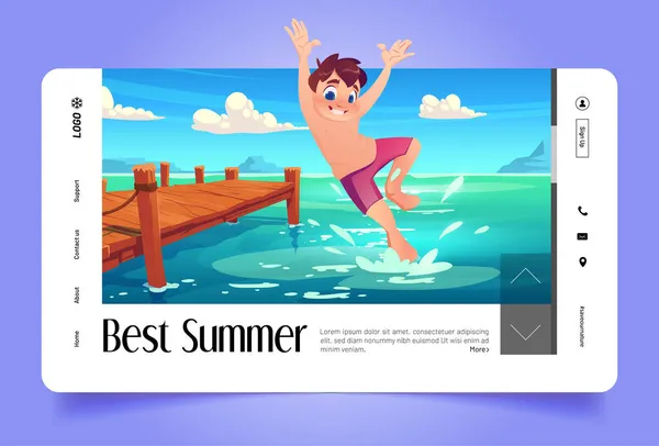 Banner with boy jumping in water from wooden pier — Stock Vector