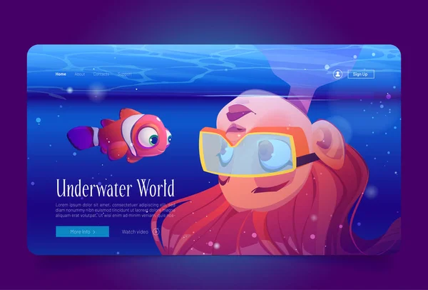 Onderwater wereld cartoon landing page, duiken — Stockvector