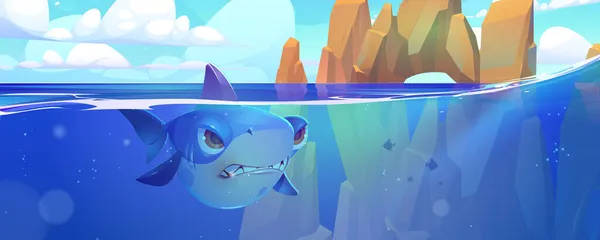 Shark in sea with rocks around underwater creature — Stock Vector