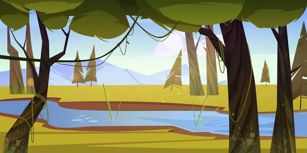 Cartoon Wald Hintergrund mit Flow unter Bäumen — Stockvektor