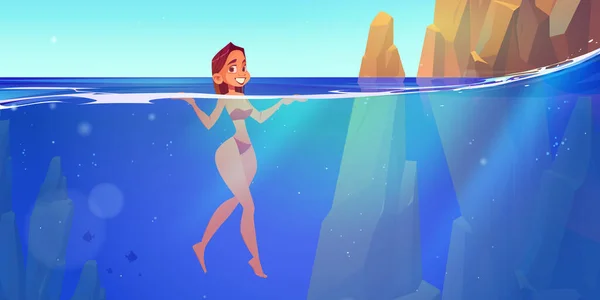 Mujer nadando en el mar, joven sexy chica en el océano — Vector de stock