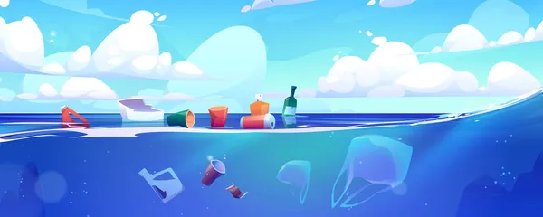 Basura de plástico flotando en la superficie del agua del océano — Vector de stock