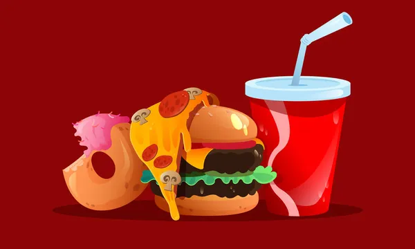 Comidas de comida rápida hamburguesa, rebanada de pizza, donut, cola — Vector de stock