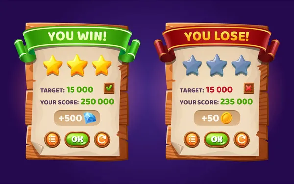 Tableros de interfaz de juego ui con ganar y perder — Vector de stock