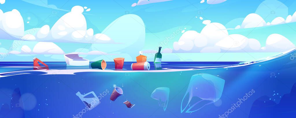 Plastic garbage floating on ocean water surface