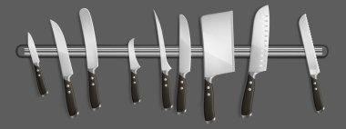 Magnetic holder with kitchen knives, chef hatchets clipart