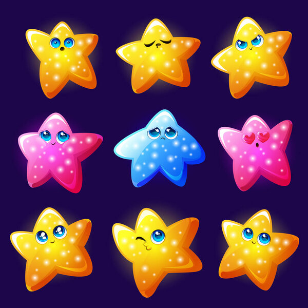 Set of cute stars characters, kawaii emoticons