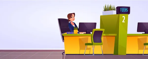Trabajador del banco sentado en el escritorio con PC y silla — Archivo Imágenes Vectoriales
