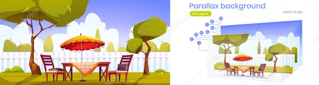 Parallax background with backyard with furniture