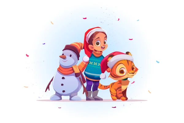 Plakat świąteczny z cute girl, bałwan i tygrys — Wektor stockowy