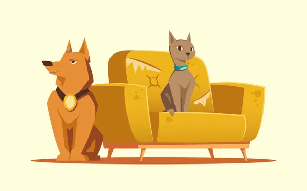 Αρχική σελίδα κατοικίδια γάτα και σκύλος κάθεται σε γδαρμένο καναπέ — Διανυσματικό Αρχείο