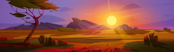 Coucher de soleil au paysage de savane africaine, nature sauvage — Image vectorielle