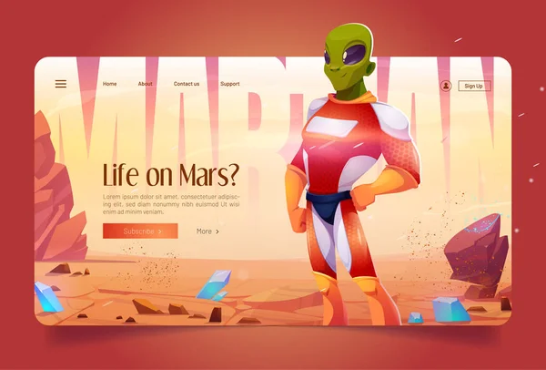 Mars 'ta Yaşam Çizgi Film İniş Sayfası, Marslı Uzaylı — Stok Vektör