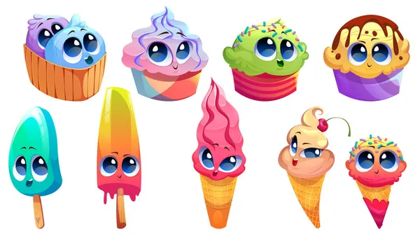 Personagens fofinhos de confeitaria de desenho animado, mascotes alegres