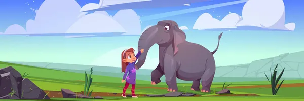 Little girl pieszczoty słoń w krajobraz przyrody — Wektor stockowy