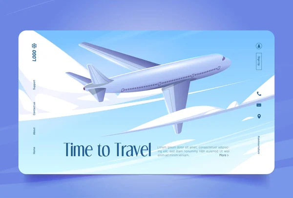 Tiempo para viajar dibujos animados aterrizaje, avión en el cielo — Vector de stock