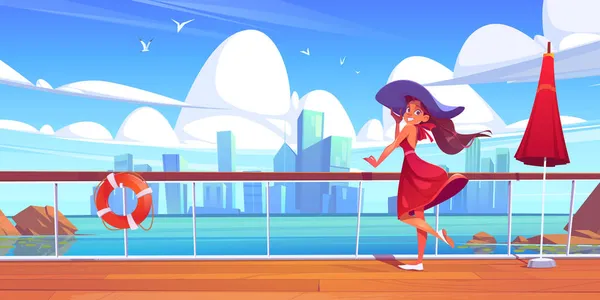 Femme sur le pont de paquebot de croisière sur la mer et la ville vue — Image vectorielle