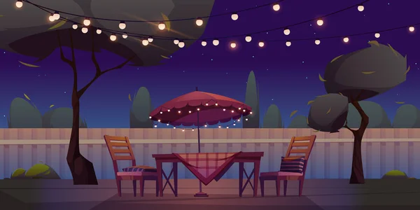 Área de churrasco no quintal da noite com mesa e guirlanda — Vetor de Stock