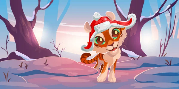 Χαριτωμένο τίγρη σε κόκκινο καπέλο στο δάσος του χειμώνα — Διανυσματικό Αρχείο